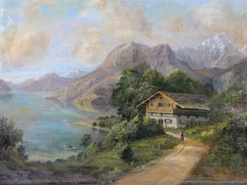 1848-Karl Schoch - Paesaggio di alta montagna con vista su un lago